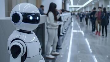Futuristic scene with white humanoid robot photo