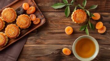 Top view of Asian mooncakes with dried apricots photo