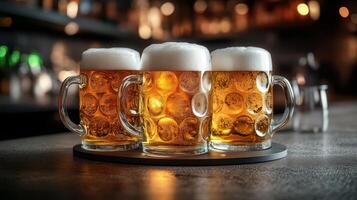Three beer mugs with light beer on bar table with night bar on background, capturing the essence of brewing and beer culture. Perfect for Octoberfest or other beer festival. Food banner photo