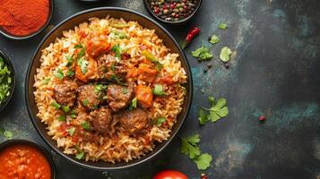 Top view of bowl with biryani rice and tender meat photo