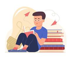 Cute Student Boy Sit Near Stack of Books and Reading a Book for Education Concept Illustration vector