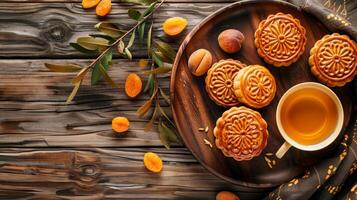 Asian mooncakes with dried and fresh apricots and green tea on rustic wooden tray and table with plant branch, perfect for Mid Autumn Festival themes. Food banner with copy space photo