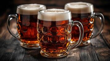 Three mugs of dark beer on bar table photo