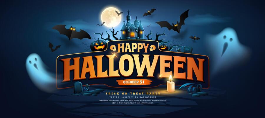 Happy Halloween text design, ghost, bat flying pumpkins, candle, moonnight, banner design on dark blue background
