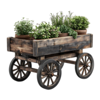 Wooden Garden Cart with Plants on Transparent Background, Rustic Planter with Greenery, Decorative Flower Pot Display png