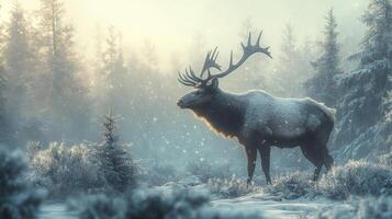 An elk with large antlers wanders through a snowy forest against the backdrop of Siberian snows in search of food. photo