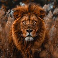 Portrait of a majestic lion with a thick mane of the king of beasts among tall grass, looking straight into the camera. The image conveys the strength, power and majesty of a wild predator photo
