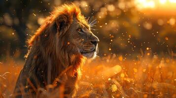 Mighty lion king of beasts in golden sunset light against savannah background, surrounded by sparkling dust particles. Symbol of power, majesty and wild nature. Predator against sunset background. photo