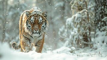 Amur tiger, with its striped fur, walks through a snowy forest against the backdrop of Siberian snows in search of prey. photo