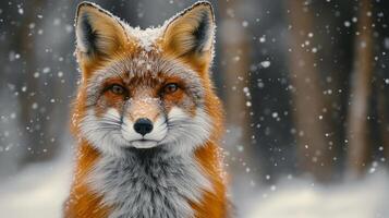 Fox with orange eyes and red fur stands in a snowy forest against the backdrop of Siberian snow. photo