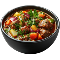 Delicious Beef Stew with Vegetables, Served in a Black Bowl with a Transparent Background png