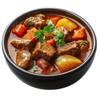 Beef Stew with Potatoes, Carrots, and Parsley in a Brown Bowl with a Transparent Background png