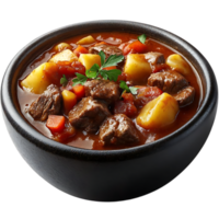 Hearty Beef Stew with Potatoes, Carrots, and Tomatoes in a Rich Brown Gravy, Served in a Rustic Black Bowl on a Transparent Background png