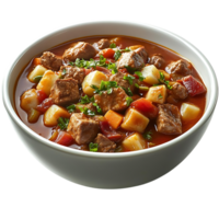 Hearty Beef Stew with Potatoes and Carrots in a White Bowl on a Transparent Background png
