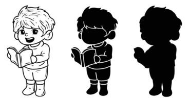 Kid Reading a Book, Black and White, Silhouette, and Outline Variations vector