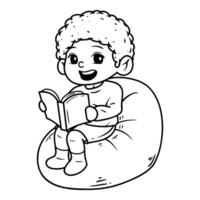 Cute Child Reading a Book While Sitting on a Bean Bag, Line Art Illustration vector