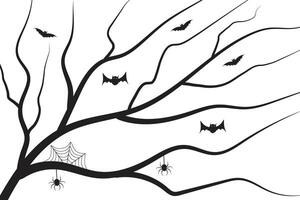 Hand drawn Halloween dry tree with stretched Bat Hanging on spiders web black and white isolated background vector