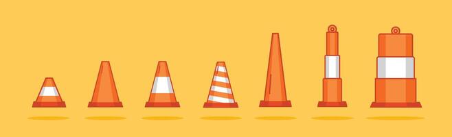 set of traffic cone icons lined up in various shapes and sizes vector