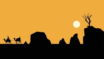 silhouette landscape illustration in the desert with middle eastern rock mountain formations and the moon above vector