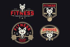 fox, jackal, tod with power bar, barbell and kettlebell badge logo design collection for fitness, gym, bodybuilding, weightlifting club vector