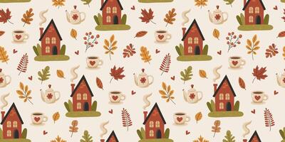 Autumn seamless pattern with houses, autumn leaves, cups and teapots. The scene is cozy and warm, with an autumn feel. vector
