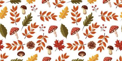 Colorful autumn seamless pattern with mushrooms, leaves and berries. pattern for wrapping paper, fabric and other things vector