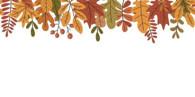 A row of autumn leaves with a white background. The leaves are of different sizes and colors, and they are arranged in a way that creates a sense of movement and depth. Scene is warm and inviting vector