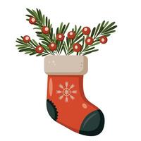 Red stocking with fir branches and red berries on them. The image has a festive and cheerful feel as it is a symbol of the Christmas season. vector