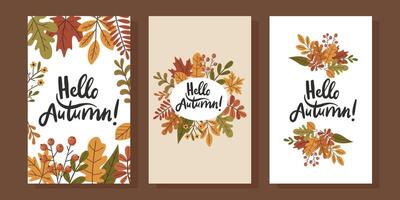 Three colorful cards with autumn leaves and flowers and the words hello autumn written on them. The cards are arranged in a row and have a cheerful, warm, and inviting mood vector