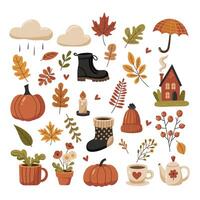 A collection of fall-themed images, including pumpkins, leaves, and a house. Scene is warm and cozy, with the use of autumn colors and the presence of a cup of coffee vector