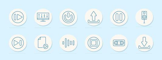Media control set icon. Play, equalizer, power, upload, pause, speaker, file, waveform, stop, stereo, download, sound, button, music, volume, control, interface, audio vector
