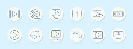 play set icon. Play button, reel, hand, countdown, smartphone, heart, upload, streaming, recording, camera, monitor, , media, film, interface, online, multimedia vector