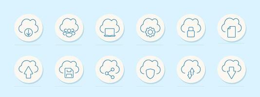 Cloud computing set icon. Upload, download, sharing, laptop, settings, security, folder, synchronization, network, cloud storage, data, backup, online, access, server, technology, internet vector