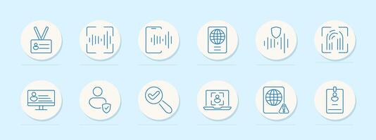 Security identification set icon. ID card, fingerprint, QR code, passport, shield, magnifying glass, verification, laptop, badge, global, security, scan, access, authentication, online vector