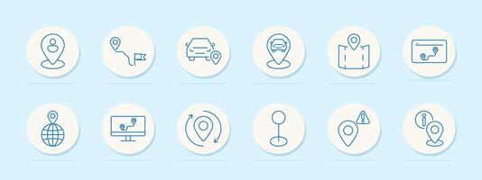 Location set icon. Pin, map, car, flag, globe, route, destination, GPS, marker, navigation, travel, journey, geography, global, tracking, point of interest, direction, world, cartography vector