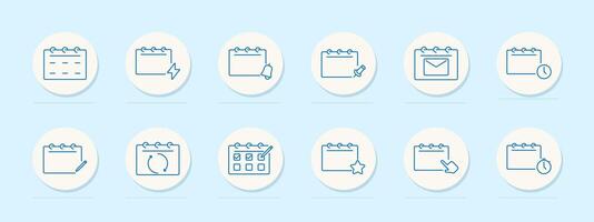 Calendar event set icon. Reminder, bell, clock, note, email, star, checklist, sync, schedule, event, appointment, task, date, time, planner, management, organization vector