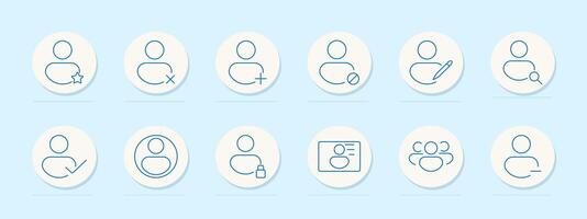 User profile set icon. Add, remove, star, edit, search, verified, block, ID card, group, person, avatar, account, identity, membership, online, social, community, access, login, security. vector