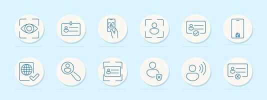 Identification set icon. Eye, ID card, smartphone, user, fingerprint, verification, globe, magnifying glass, shield, security, profile, recognition, personal data, login, access, authentication vector