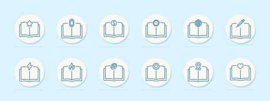 Book set icon. Star, capsule, dollar, clock, globe, syringe, lightning, fire, cog, map, heart, reading, knowledge, education, literature, learning, reference, study vector