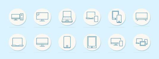 Computer set icon. Desktop, monitor, laptop, tablet, smartphone, television, display, screen, device, hardware, technology, gadget, electronics, workstation, digital, multimedia, home office vector