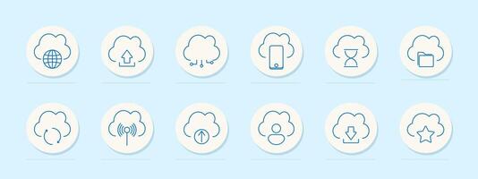 Cloud services set icon. Internet, upload, circuit, smartphone, hourglass, folder, sync, network, signal, user, download, favorite, technology, storage, connection, online, communication, computing vector