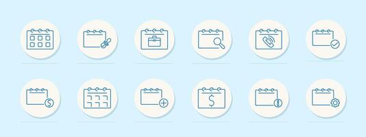 Calendar event set icon. Schedule, appointment, reminder, business, search, call, check, currency, add, settings, information, plan, manage, date, event, task, organization vector
