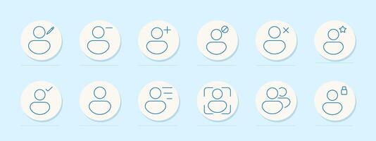 User account icon set. Profile, add, remove, edit, and settings symbols for social media, identification, and personal management themes vector