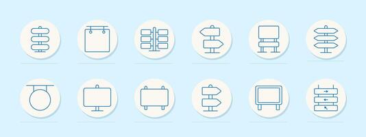 Signage set icon. Directional, hanging, post, billboard, pointer, blank sign, navigation, street, panel, outdoor, advertising, guide, board, information, display, road, public, wayfinding vector