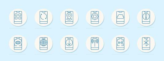 Mobile app set icon. Home screen, sync, location, settings, cloud, alert, visibility, globe, download, signal, sound, Bluetooth, navigation, communication, technology, device, software, internet vector