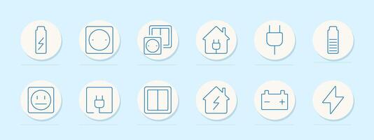 Electricity icon set. Various symbols including batteries, plugs, sockets, and power sources for energy, utility, and electrical design themes vector