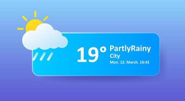 Partly rainy 19 Degrees Celsius weather forecast, date, city location. Cloudy, lightning, thunderstorm, downpour, overcast, cold, wind speed, air, precipitation, temperature, Fahrenheit, UV synoptic vector