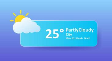 Partly cloudy 25 Degrees Celsius weather forecast, city location, date. Windy, overcast, sun, speed, air, precipitation, temperature, atmospheric pressure, Fahrenheit, conditions, UV index, synoptic vector