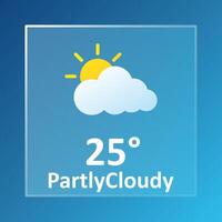 Partly cloudy 25 Degrees Celsius weather forecast. Windy, overcast, sun, wind speed, air, precipitation, temperature, atmospheric pressure, Fahrenheit, conditions, UV index, synoptic. Glassmorphism vector