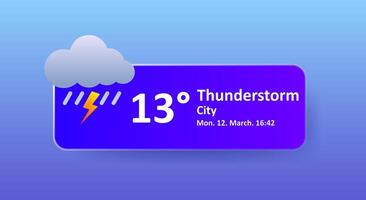 Thunderstorm 13 Degrees Celsius weather forecast, date, city location. Cloudy, lightning, rain, downpour, overcast, cold, wind speed, air, precipitation, temperature, atmosphere, Fahrenheit, UV index, vector